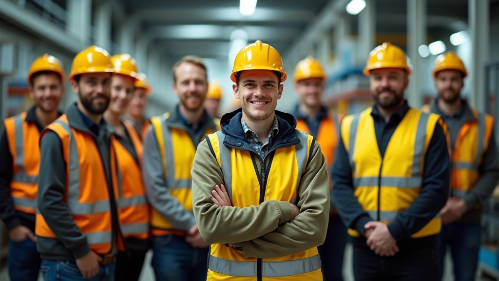 Diverse Fachkräfte in einer modernen Produktionshalle arbeiten zusammen an technischen Projekten