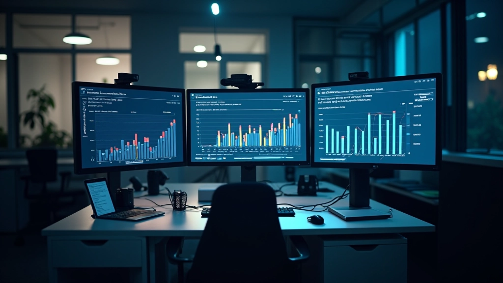 Modernes Tech-Workspace mit Bildschirmen, Datenvisualisierungen und technologischen Tools
