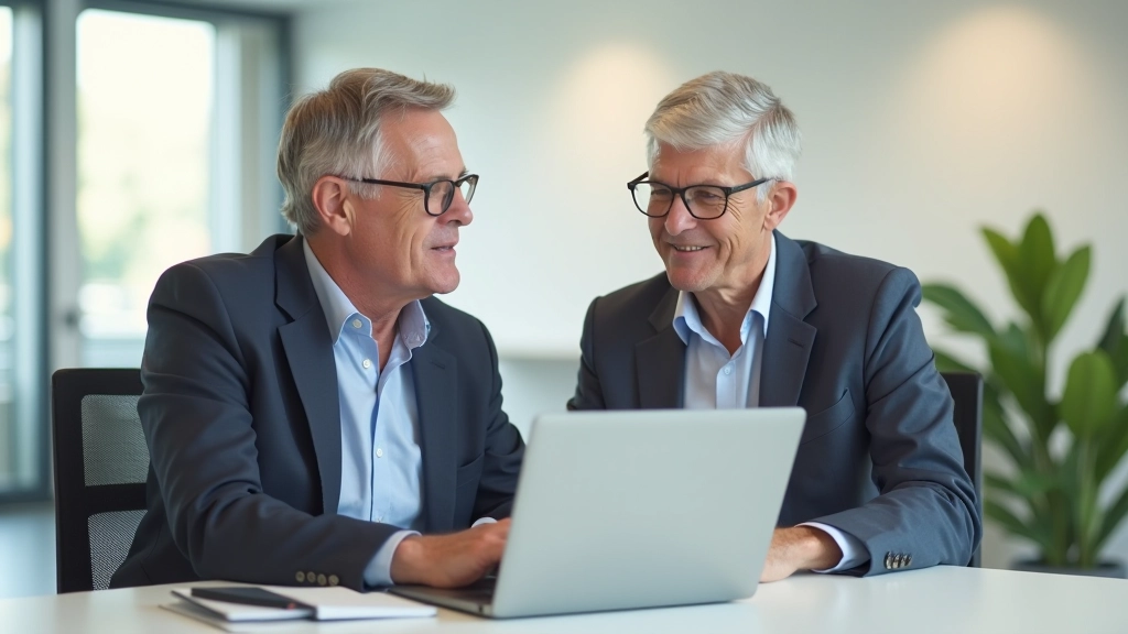 Zwei Mitarbeiter — ein älterer und ein jüngerer — arbeiten gemeinsam am Schreibtisch mit Laptop und Notizen