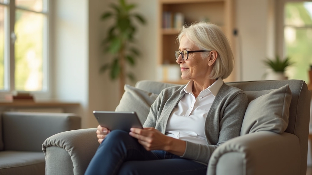 Ältere Frau am Tablet im hellen Wohnzimmer, mit Einkaufstasche und modernem Lifestyle