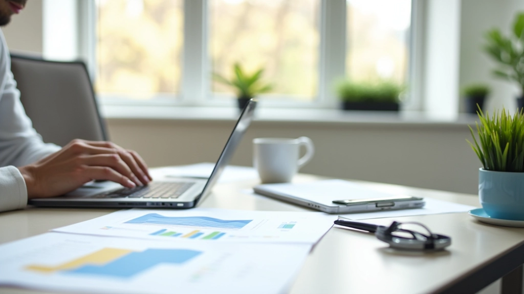 Moderner Arbeitsplatz mit Laptop und statistischen Analysen zum demografischen Wandel